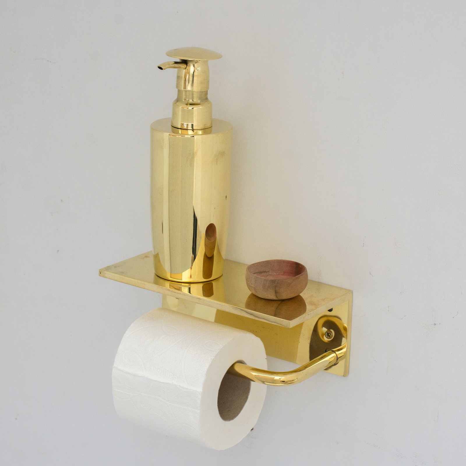 PIC-4 Unlacquered Brass Bathroom Floating Shelf With Hook, Wall Mount Shelf With Toilet Paper Holder