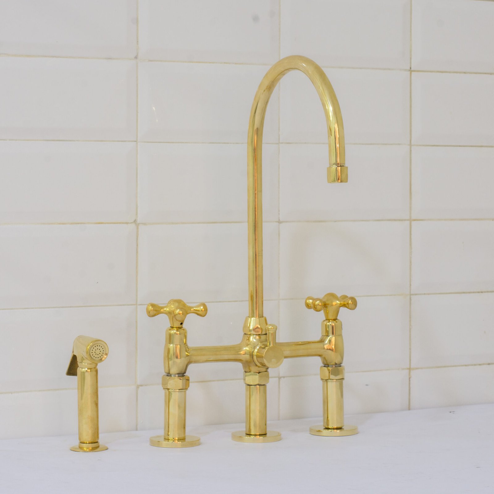 Unlacquered Brass 3-Hole Bridge Faucet With Sprayer, 3 Leg Kitchen Faucet
