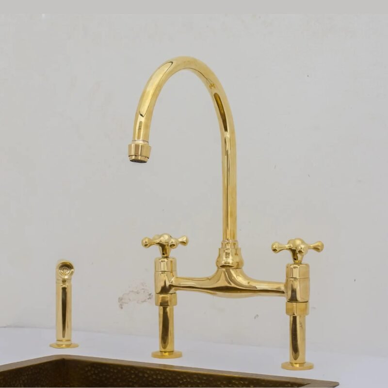 8" Unlacquered Brass Bridge Faucet With Sprayer, Brass Kitchen Faucet, Widespread Kitchen Faucet, Simple Cross Handles