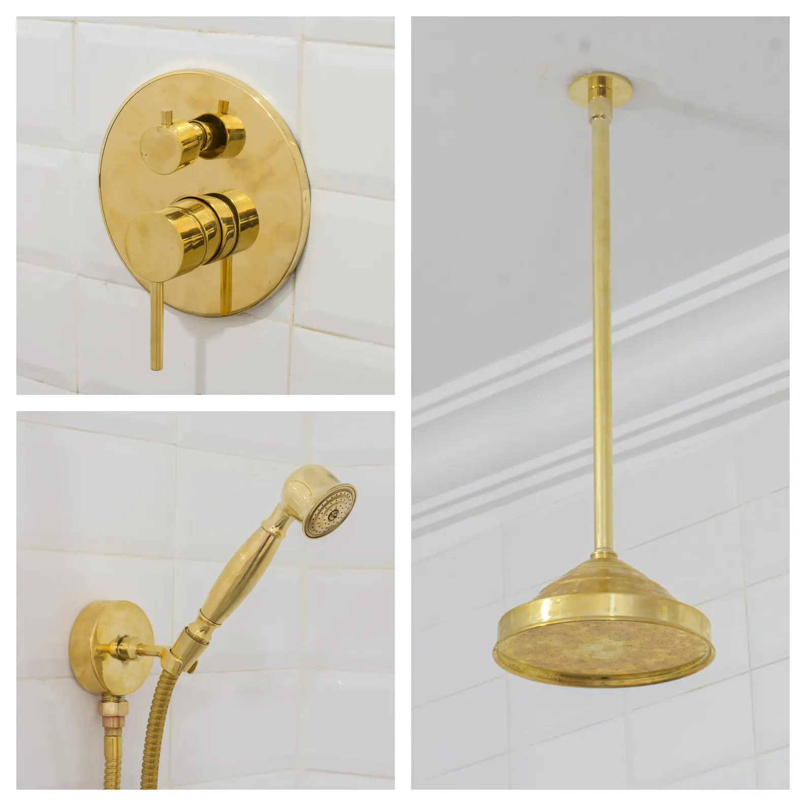Unlacquered Brass 2-Outlet Shower, Ceiling Shower System, Overhead Shower With Handheld, Ceiling Mount Showerhead with Hand Shower