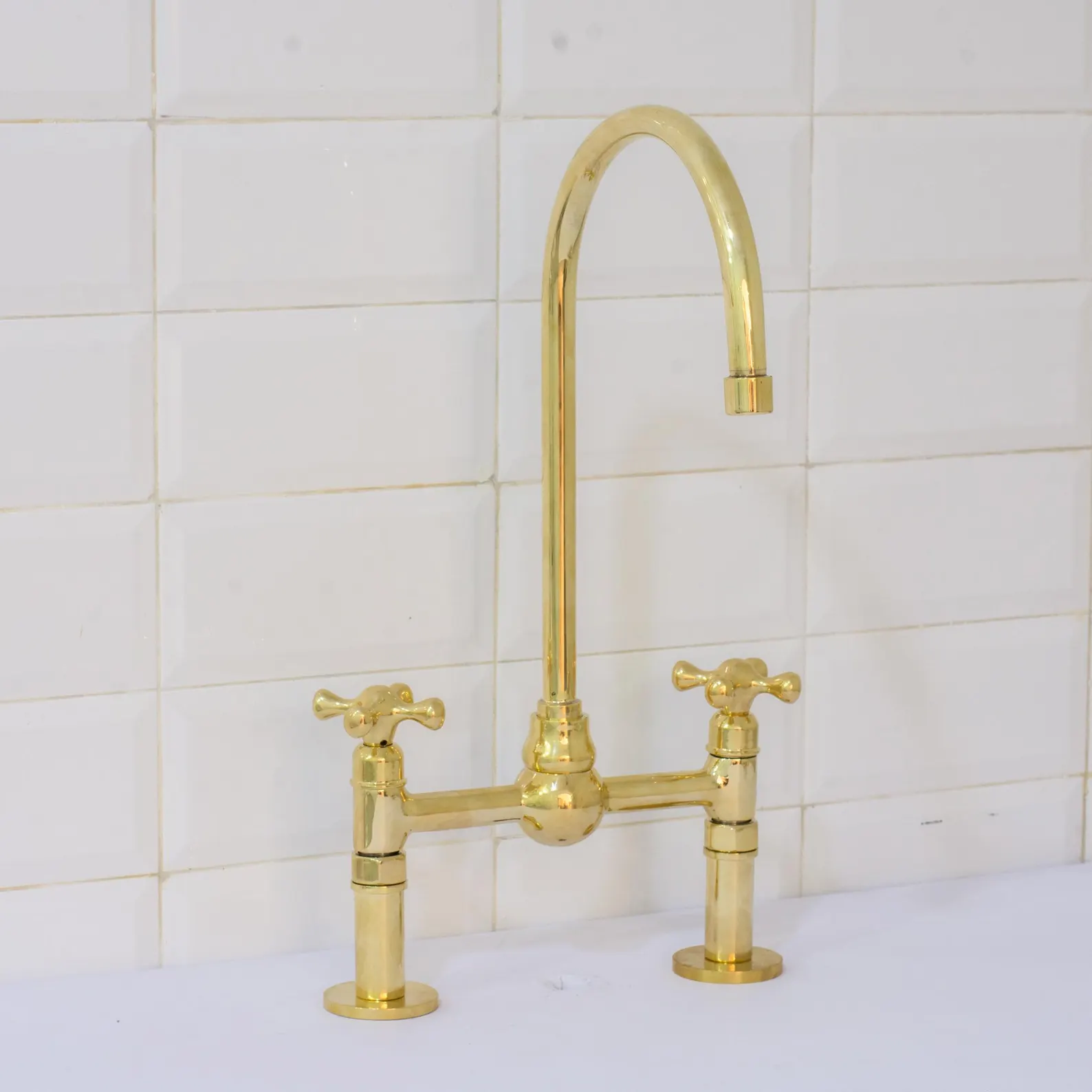 Solid Brass Ball Center Bridge Faucet Straight Legs, Dual Handle Faucet, Bridge Kitchen Faucet, 2-Hole Faucet, Deck Mount Kitchen Faucet