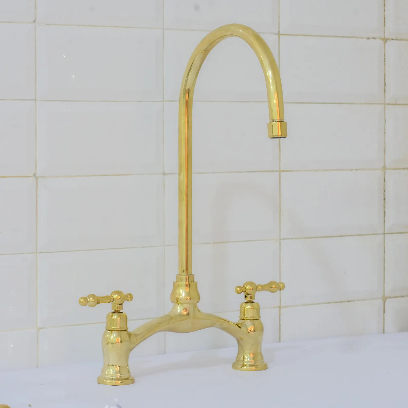 Unlacquered Brass Arched Bridge Faucet, Brass Bridge Faucet, 2-Hole Kitchen Faucet, Gooseneck Sink Faucet