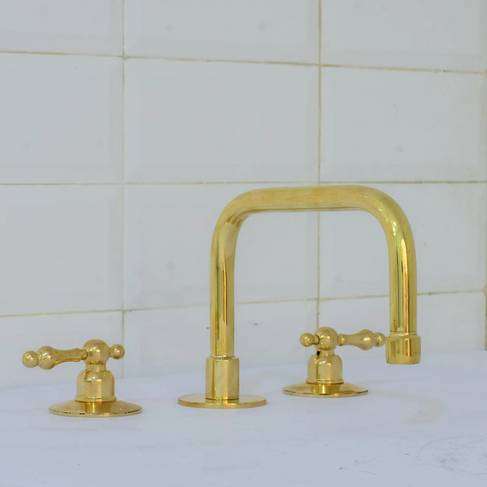 Unlacquered Brass Bathroom 3-Hole Faucet, Widespread Faucet 3 Hole, 2-Handle Bathroom Sink Faucet, Deck Mount Faucet Vanity